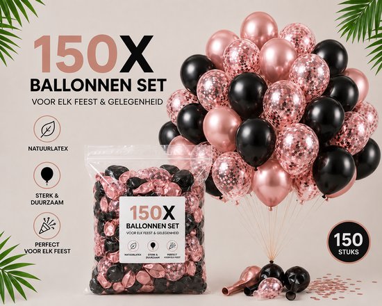 150x ballonnen set: 150 stuks in zwart, roségoud en roségouden confetti.