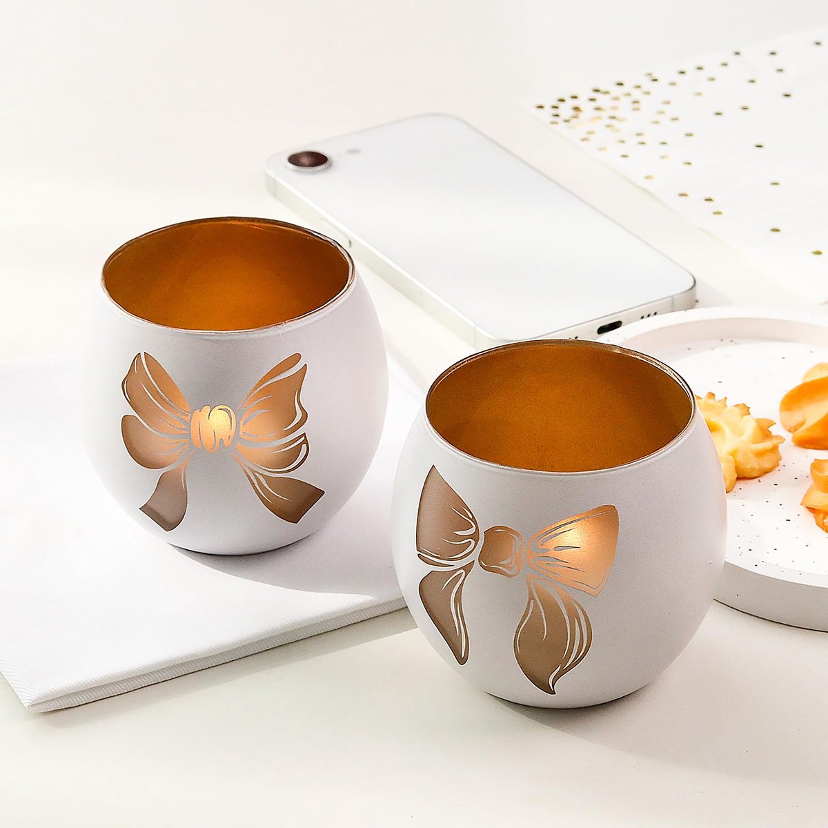 Kaarsenhouders set van 2 - witte glas met strik - stijlvolle theelichthouders - perfect voor bruiloften - ShopVlot