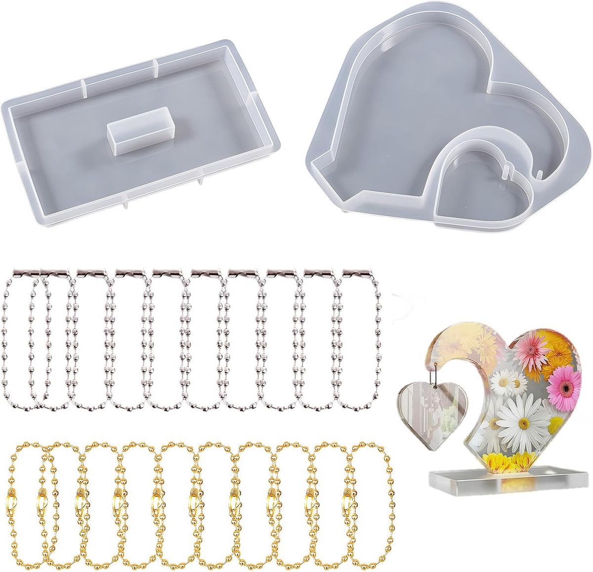 SnelShoppen - Hartvormige Silicone Hars Fotolijst - DIY Creatieve Hars Mal Set - Inclusief 1 Fotolijst Mal, 1 Standaard Mal en 20 Kettingen (Goud & Zi