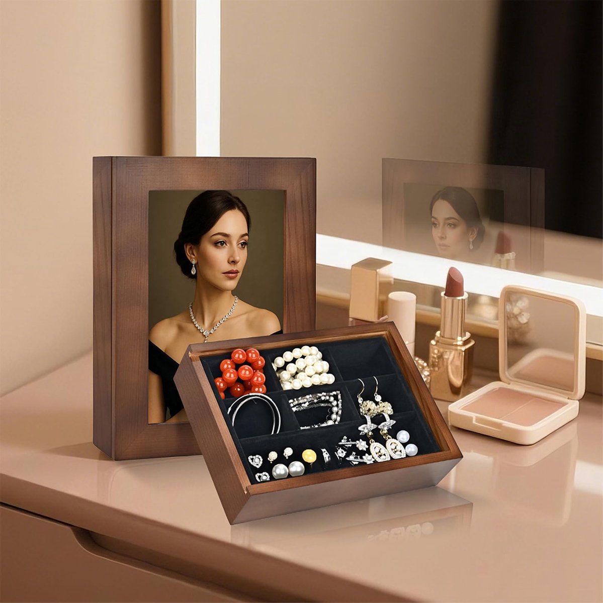 Sieradendoos met fotolijst deksel - houten sieradenorganizer - voor ringen, kettingen en oorbellen - ShopVlot