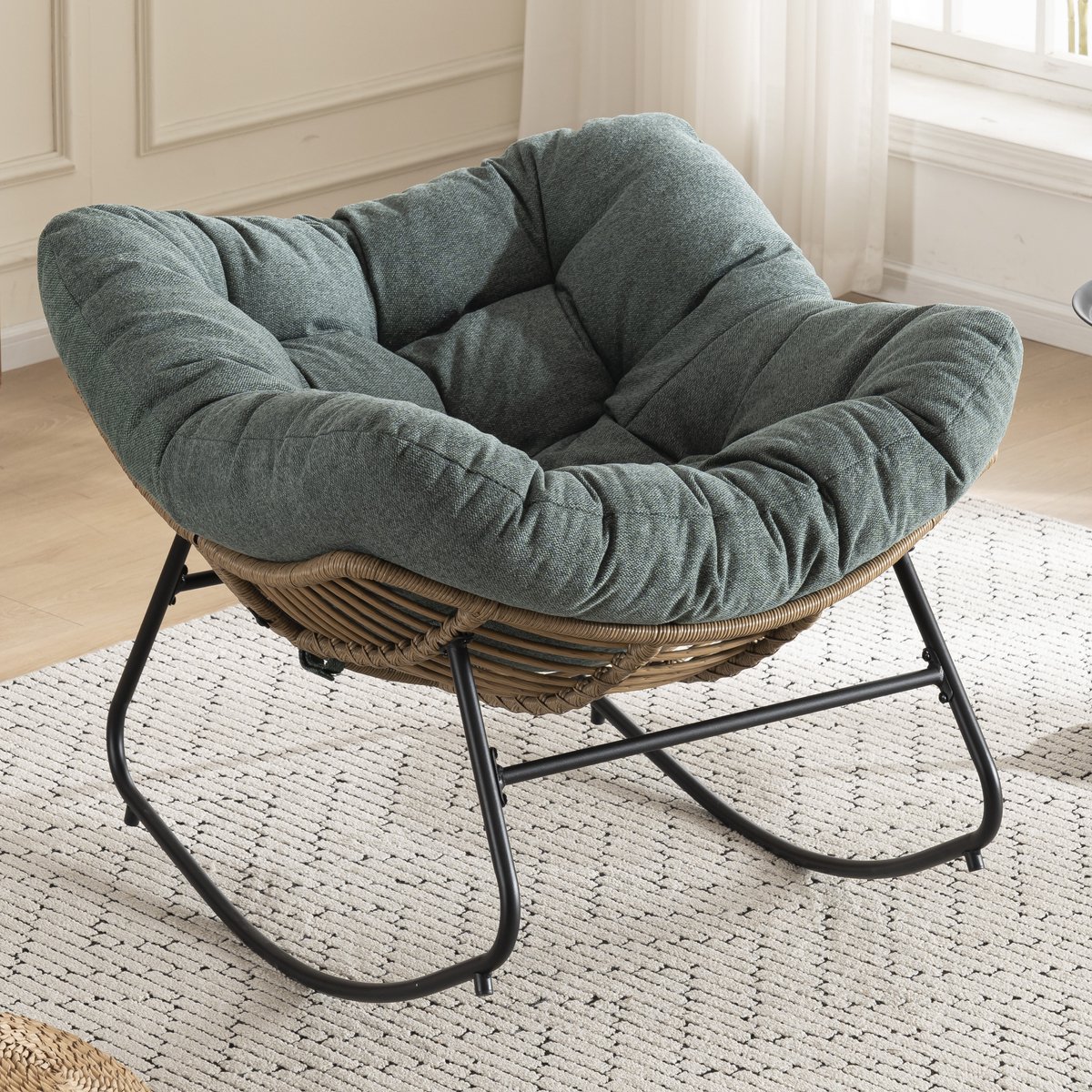 Wishdor Schommelstoel - Chenille - Metalen frame - Groen - Met armleuningen - Dikke gewatteerde zitting - Voor woonkamer en slaapkamer - 98 x 102 x 77 cm