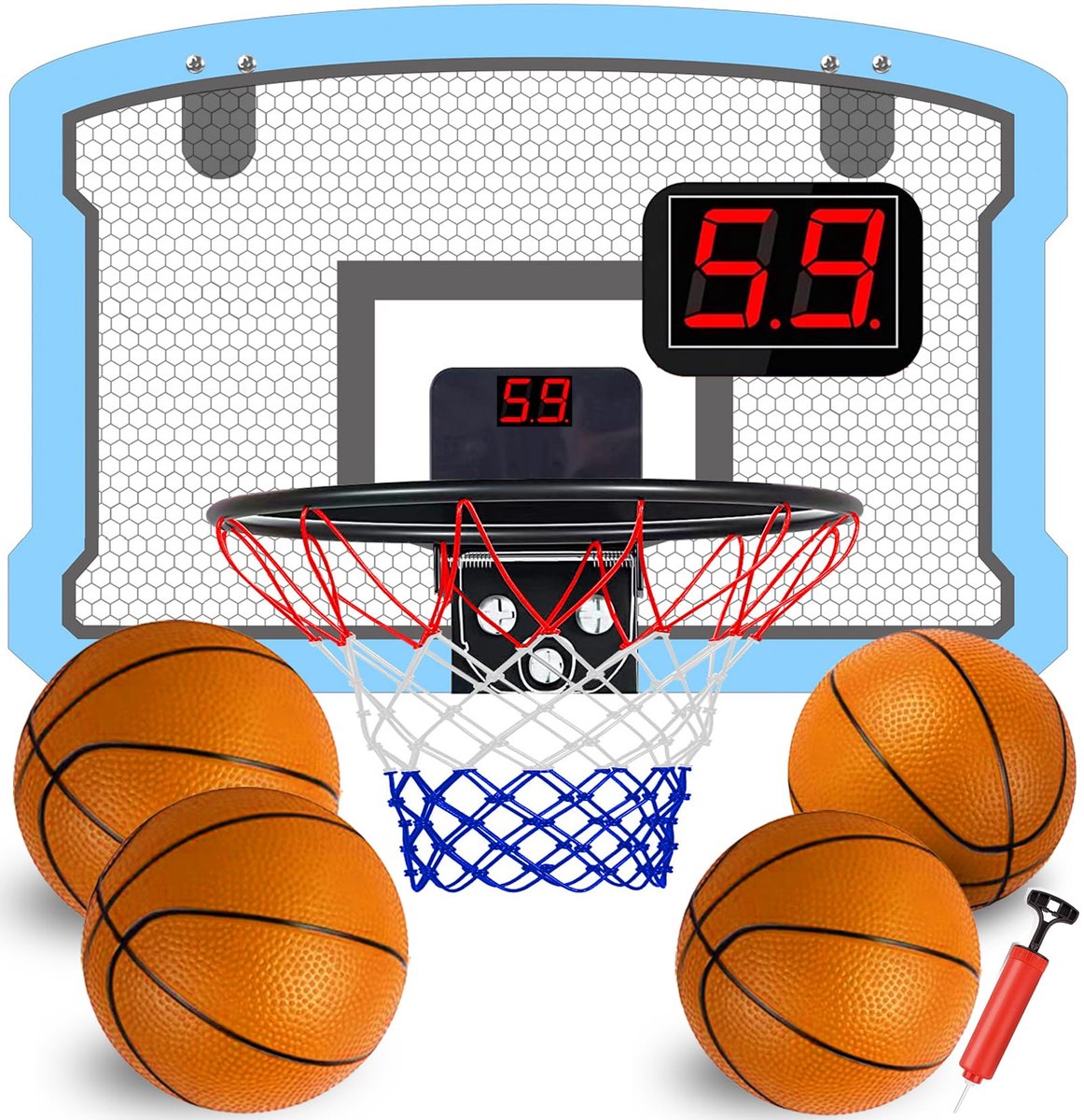 TEUVO Mini-basketbalmand voor binnen, met automatische scorer, slaapkamer, kantoor, muur, deur, hoep, basketbal - ShopVlot