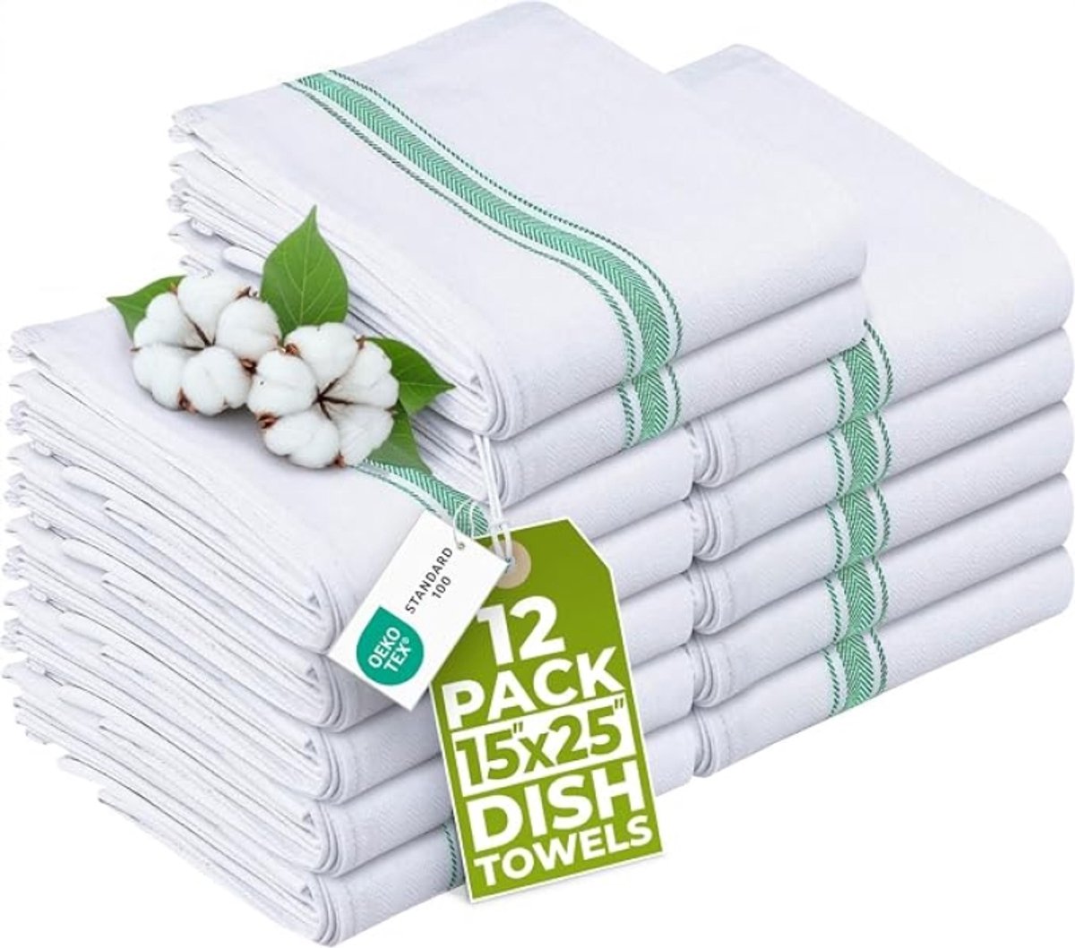 Theedoeken Set 12 stuks - 38 x 64 cm - 100% Ringgesponnen Katoen - Superabsorberend Keukendoeken Groen