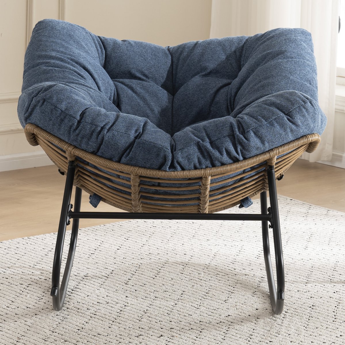 Wishdor Schommelstoel - Blauwe chenille relaxfauteuil met metalen frame en armleuningen - Gevoerde zitting - Design - Woonkamer en slaapkamer - 98 cm
