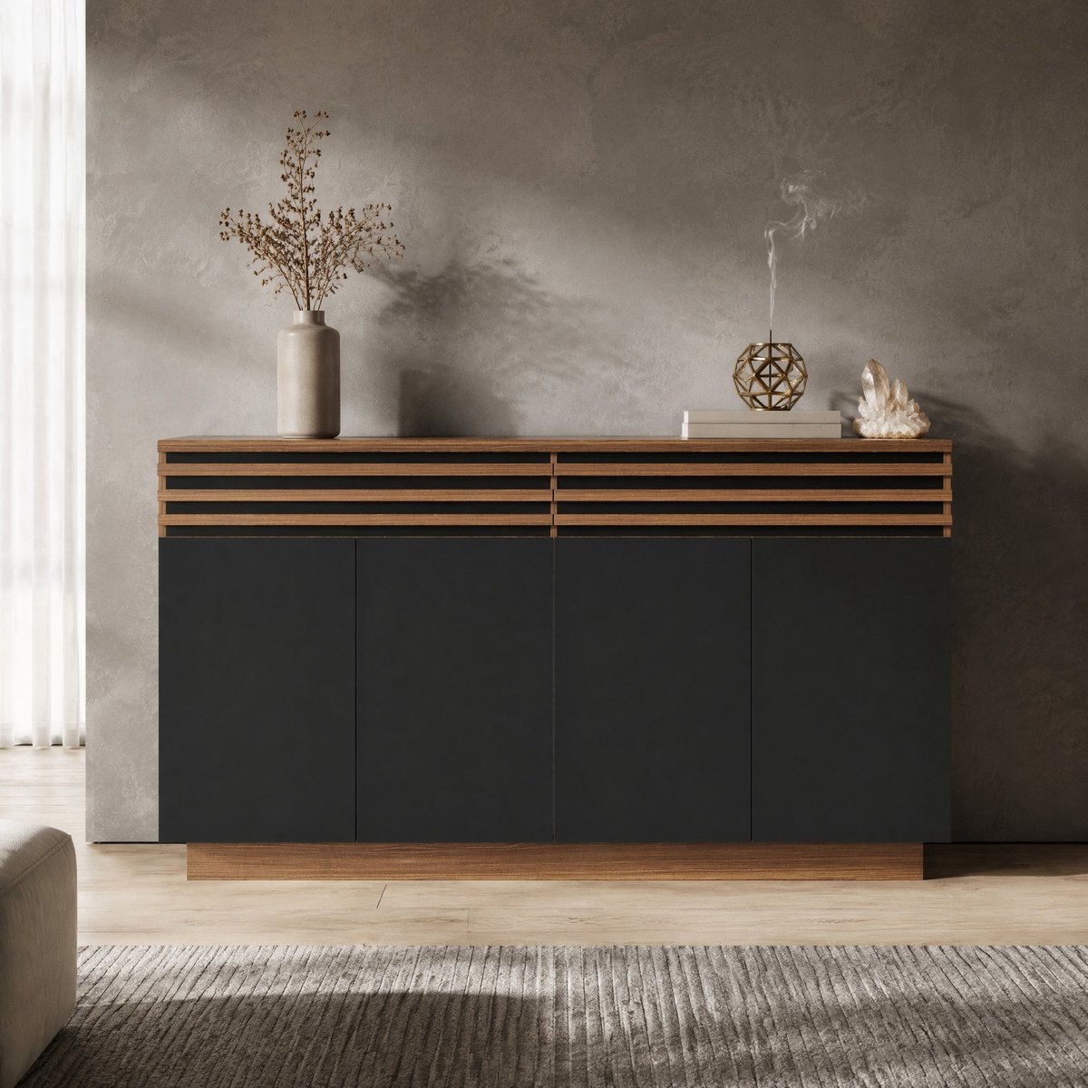 Wishdor Dressoir - Modern design - 2 lades en 4 deuren - Verstelbare planken - Gesloten opbergruimte - MDF - Woonkamer, eetkamer en keuken - Zwart en bruin - 150 x 40 x 85 cm