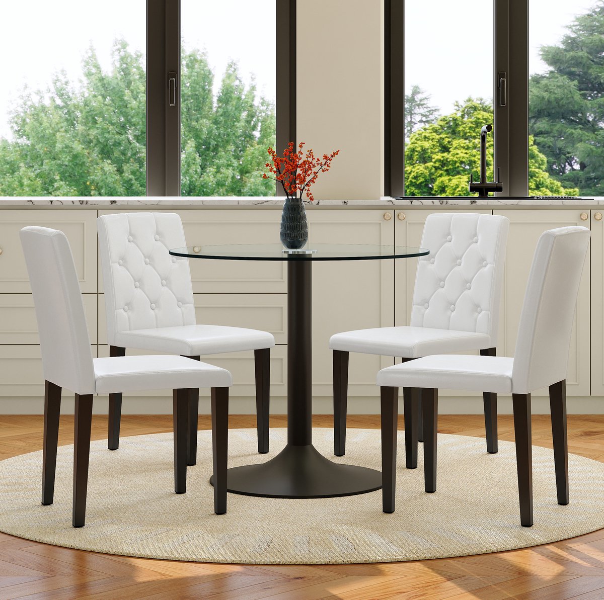 Wishdor Ronde glazen eettafel set met 4 stoelen - Modern minimalistisch - Zwarte metalen poot - Witte PU stoelen - 85 cm - Voor eetkamer en kleine ruimtes