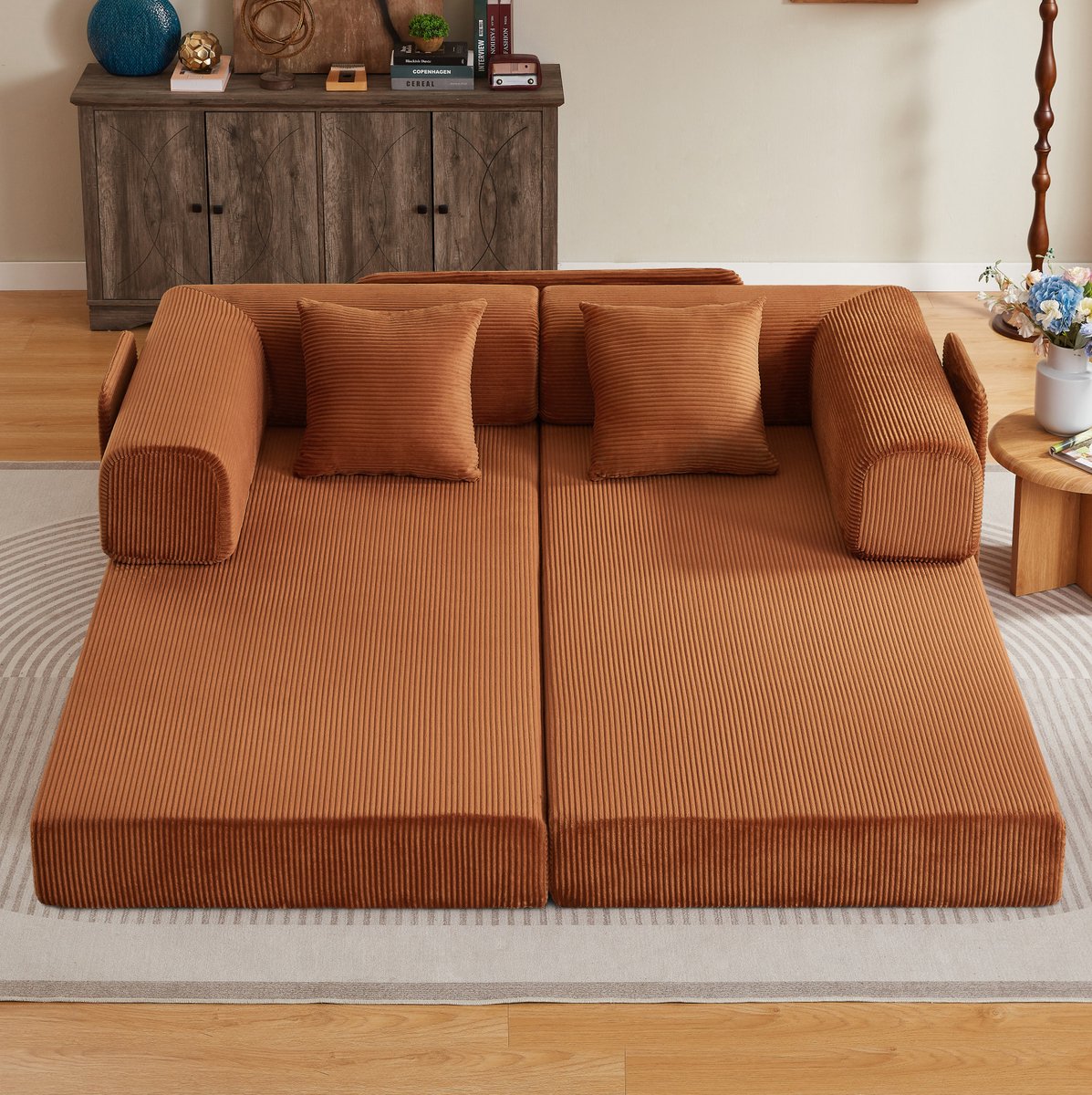 DESMIU Slaapbank 3-Zits - Opklapbaar Met 2 Kussens En Stalen Frame - Voor Woonkamer, Slaapkamer En Appartement - Stof - Terracotta
