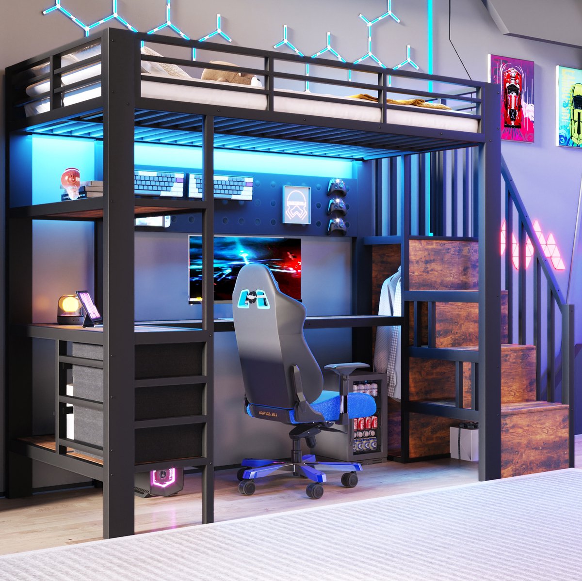 Wishdor Hoogslaper 90x200 cm - Met bureau, lade en LED licht - Metaal en MDF - Zwart - Met stopcontact, opbergruimte en ladder
