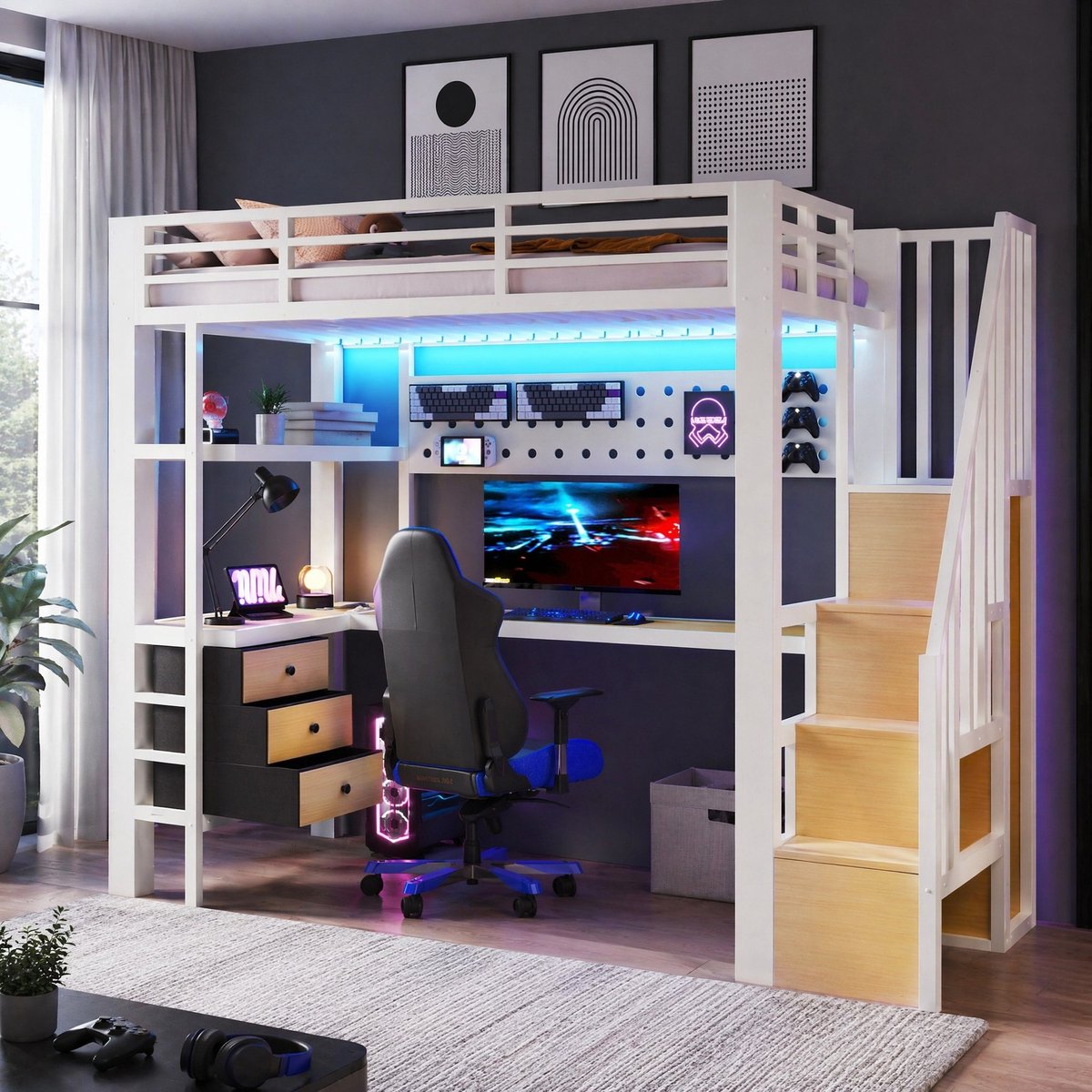 Wishdor Hoogslaper 90x200 cm - Met bureau, lades, geperforeerde wand, LED en stopcontact - Metaal en MDF - Wit - Eenpersoons - Kinderen