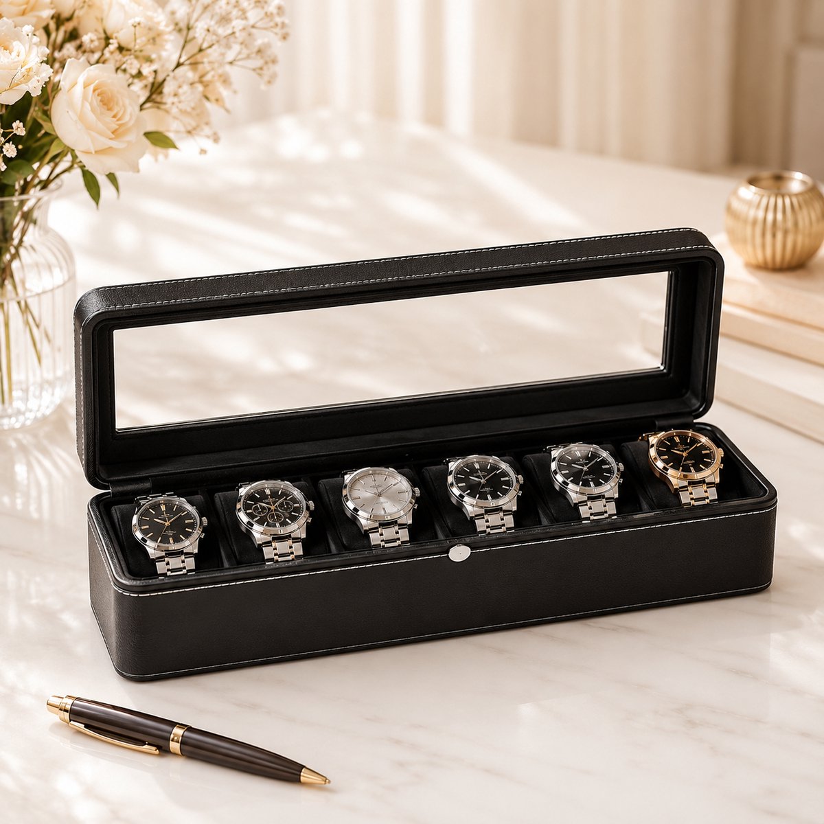 Merkloos Horloge Opbergdoos voor 12 Horloges – Kunstleren Sieraden Doos met Slot, Vintage Stijl, Geschikt voor Horloges tot 45mm – Blauw