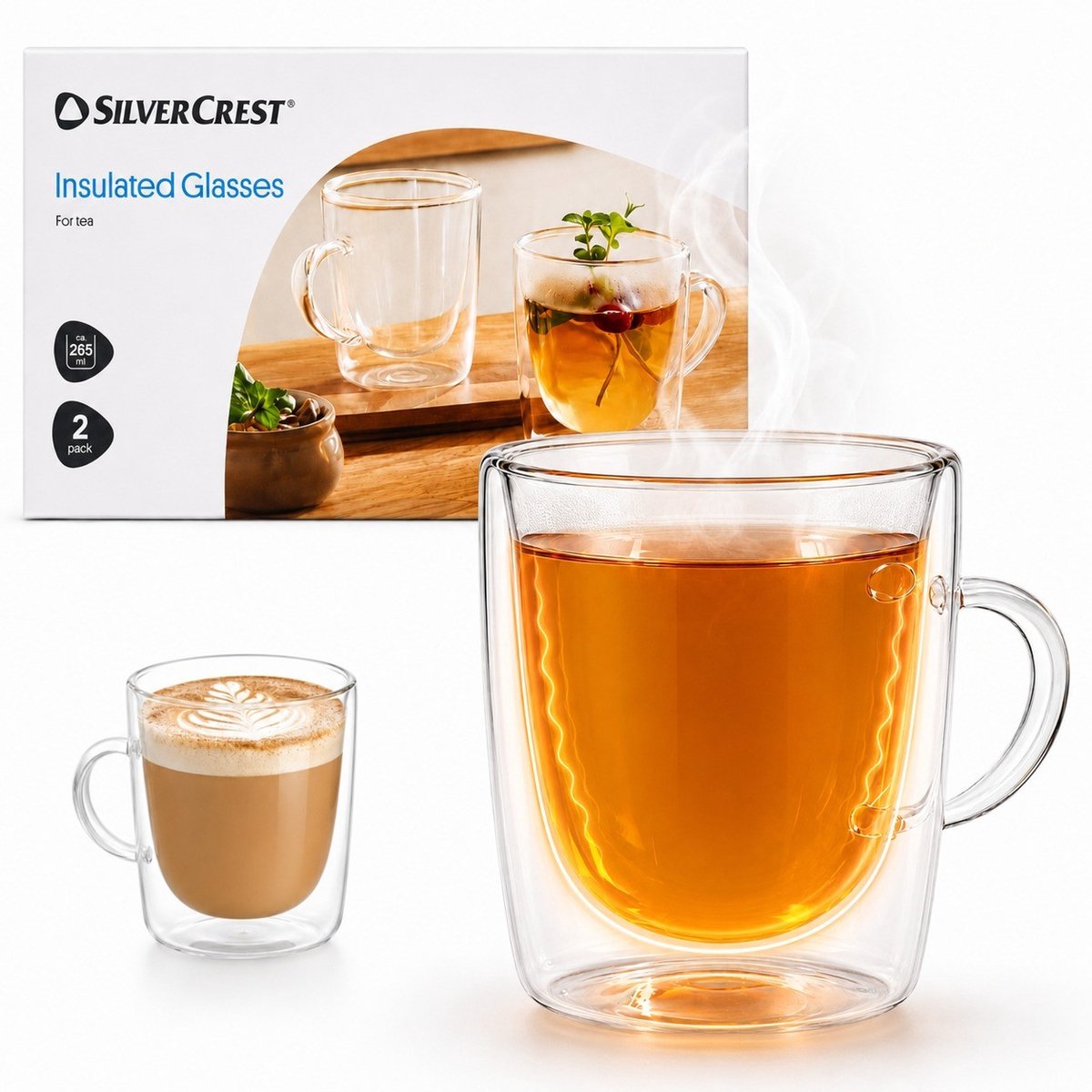 Dubbelwandige Theeglazen 2 Stuks - Luxe Theekopjes met Oor Set - Warm- en Koudhoudend - Thermoglazen met Handvat 285 ml - Lichtgewicht Borosilicaatglas - Dubbelwandige Thermische Glazen - voor Thee, Koffie & Cappuccino - Tea Glass Set - SilverCrest