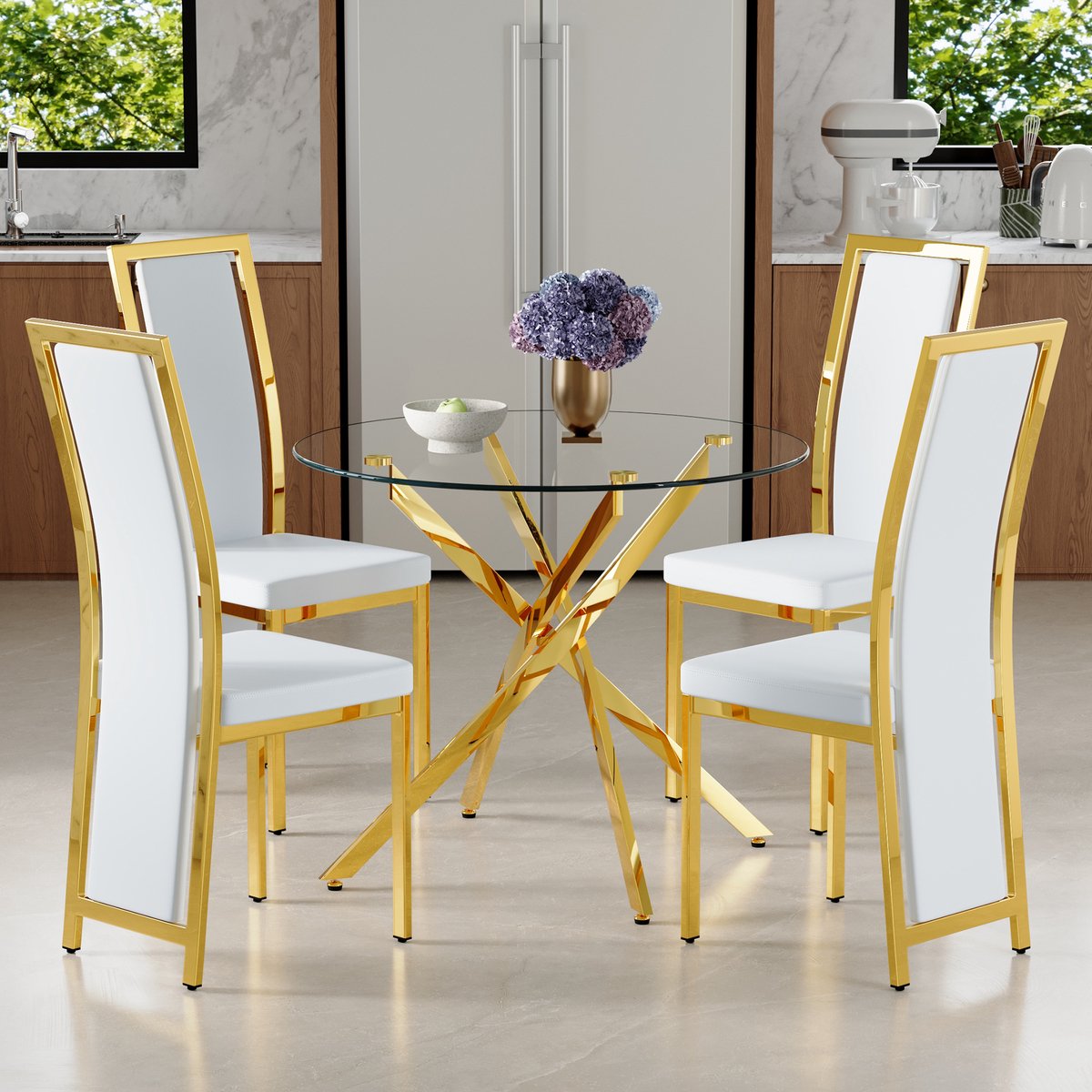 Wishdor Tafel- en stoelset - Ronde eettafel 88 cm - Gehard glas - 4 witte stoelen - Gouden metalen frame - Modern - Kleine eetruimte - PU - Transparant wit goud