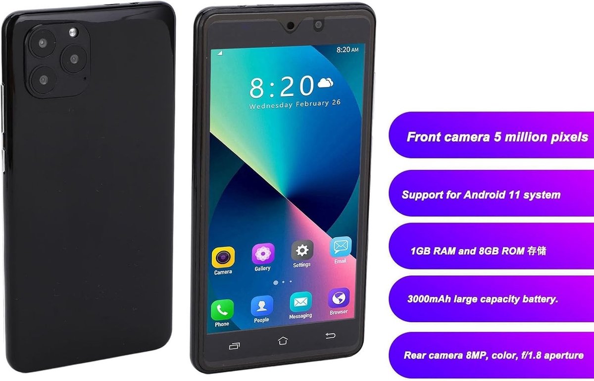 Android Smartphone met 4.66" Touchscreen, Dual SIM, 3000mAh Batterij en 8GB Opslag, Zwart