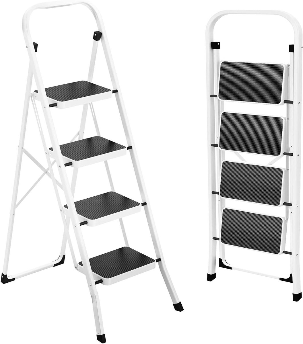 Opvouwbare Trap - Huishoudtrap Vouwbaar - Veilig Klussen - Antislip Treden - 94 cm Werkhoogte - Wit