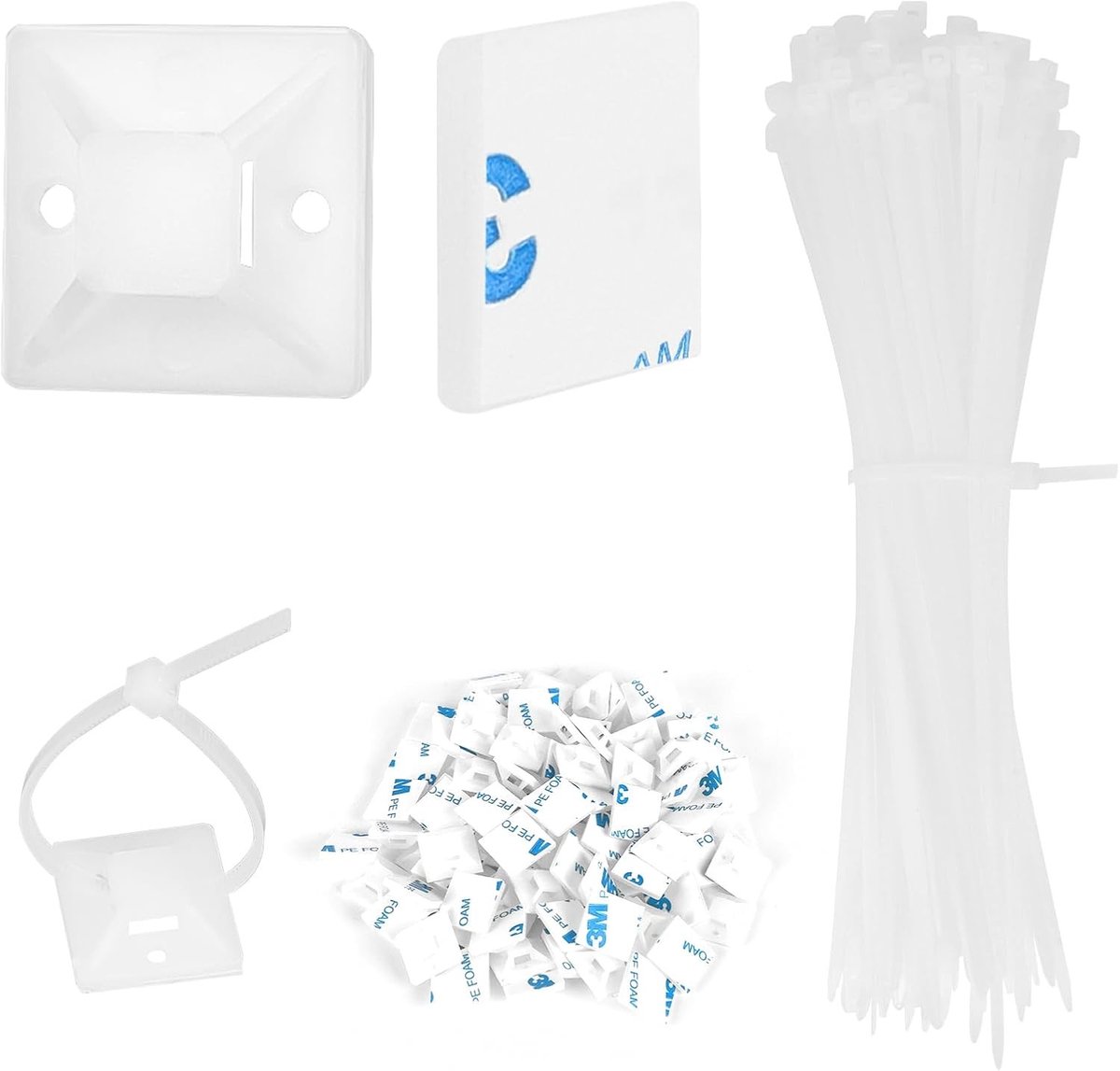 100 Stuks Witte Kabelbinders 150mm en 100 Stuks Zelfklevende Bevestigingen, Ideaal voor Thuis, Kantoor en Werkplaats, Duurzame Plastic Draadbinders en Adhesieve Pads