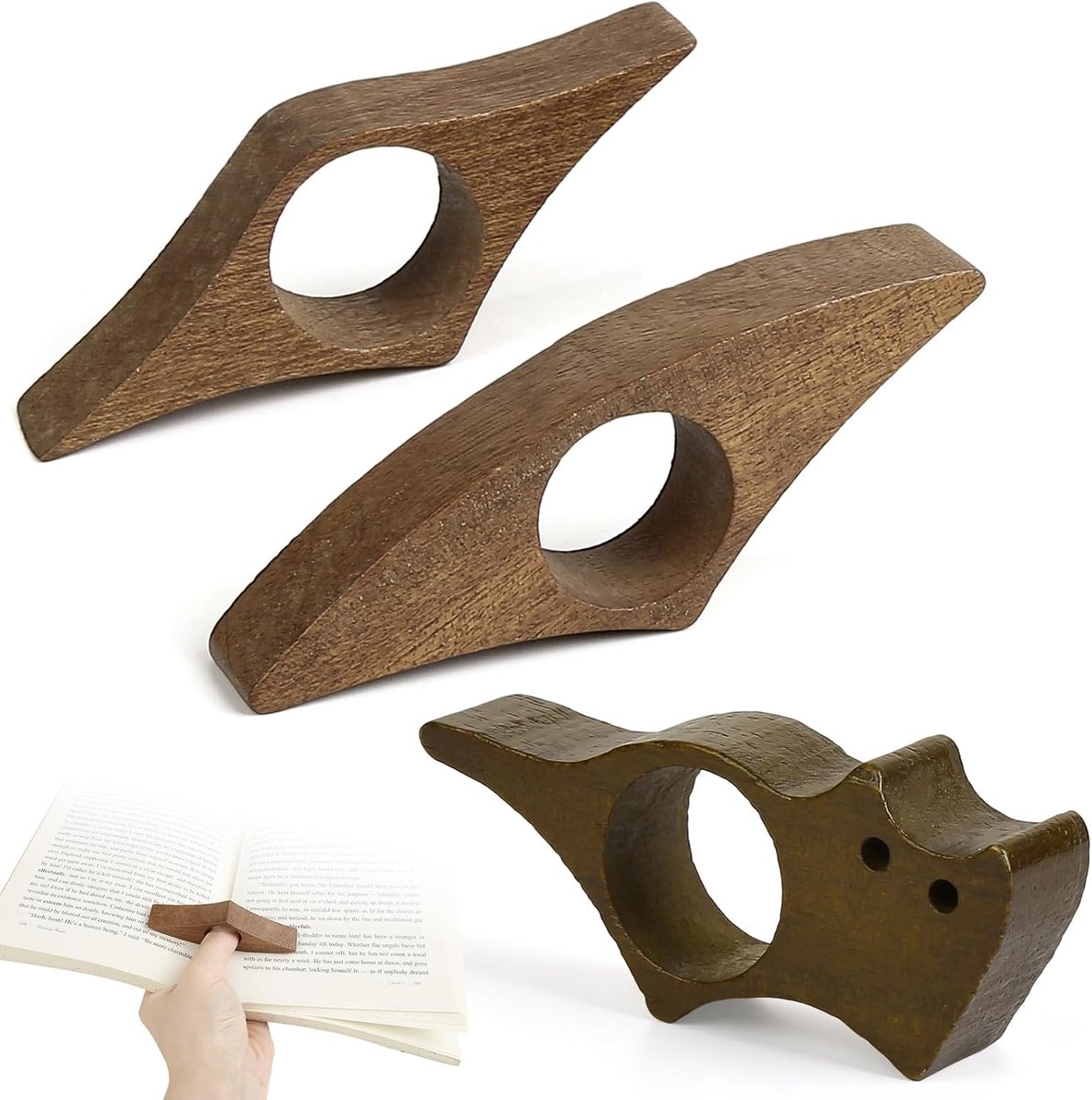 Boekenhouders 3 stuks - Duim van walnoot - Natuurlijk hout - Handgemaakte boekaccessoires voor lezers - ShopVlot