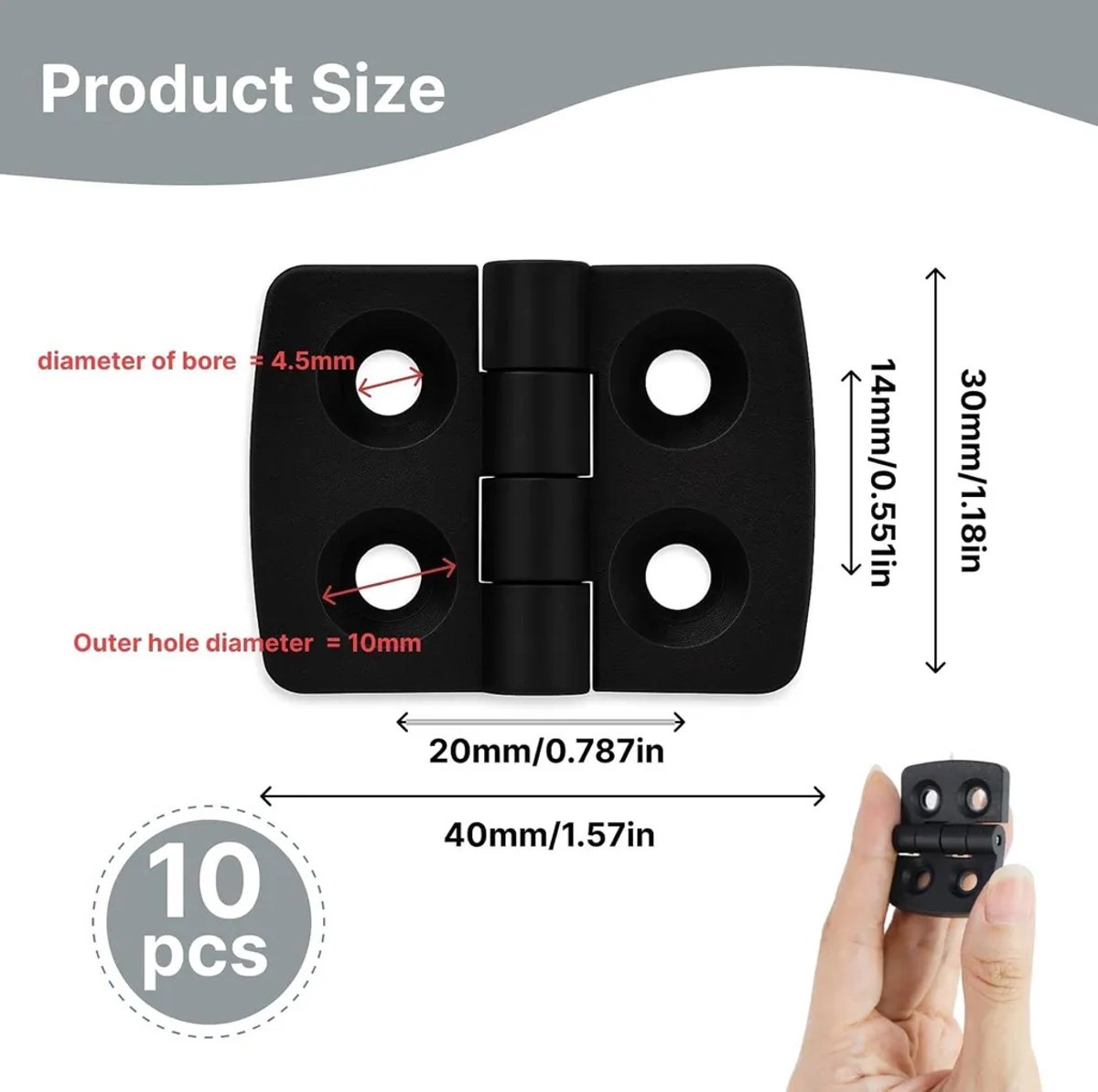 10 kleine zwarte plastic scharnieren (30 x 40 mm), stevige en duurzame scharnieren van polyamidecomposiet, niet verwijderbaar, perfect Geschikt voor tuinen, deuren, boten, houtbewerking, gereedschapskisten en doe-het-zelfprojecten.