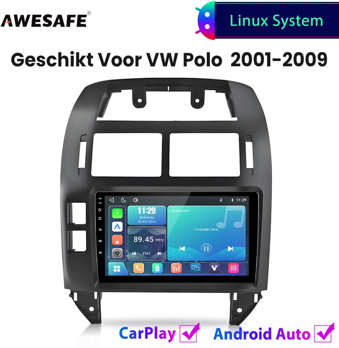 Awesafe Autoradio - Geschikt Voor VW Volkswagen Polo 2001 t/m 2009 - Draadloos Carplay Android Auto - Linux systeem - Touchscreen - Bluetooth Wifi - 2001 2002 2003 2004 2005 2006 2007 2008 2009