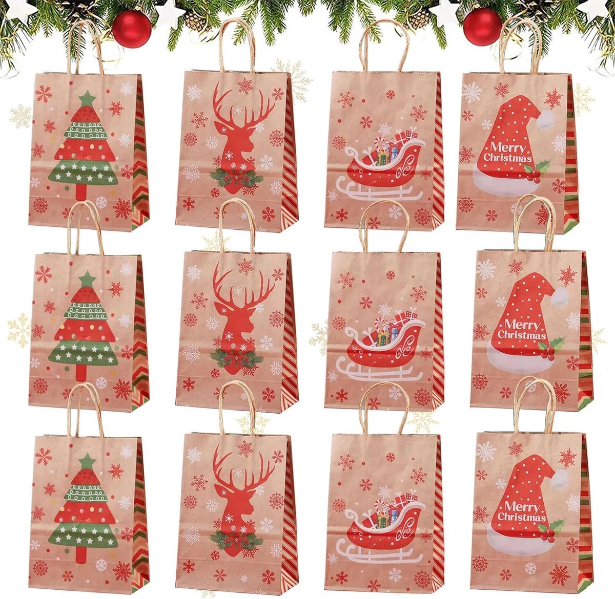 Cadeauzakjes voor Kerstmis - 12 stuks kraft papieren zakjes met handvat voor geschenken en feestverpakkingen