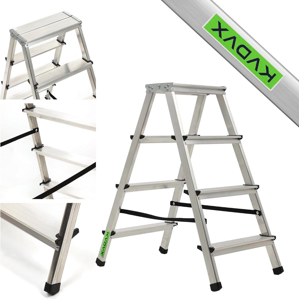 Huishoudladder Aluminium - Vouwladder Dubbelzijdig - Klusjes Binnen - Antislip Voeten - 4 Treden - Zilver