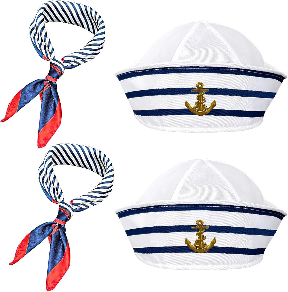 Sailor Kostuum Set met Strepen - Marineblauw Hoed en Sjaal voor Feestelijke Gelegenheden en Verkleedpartijen voor Mannen