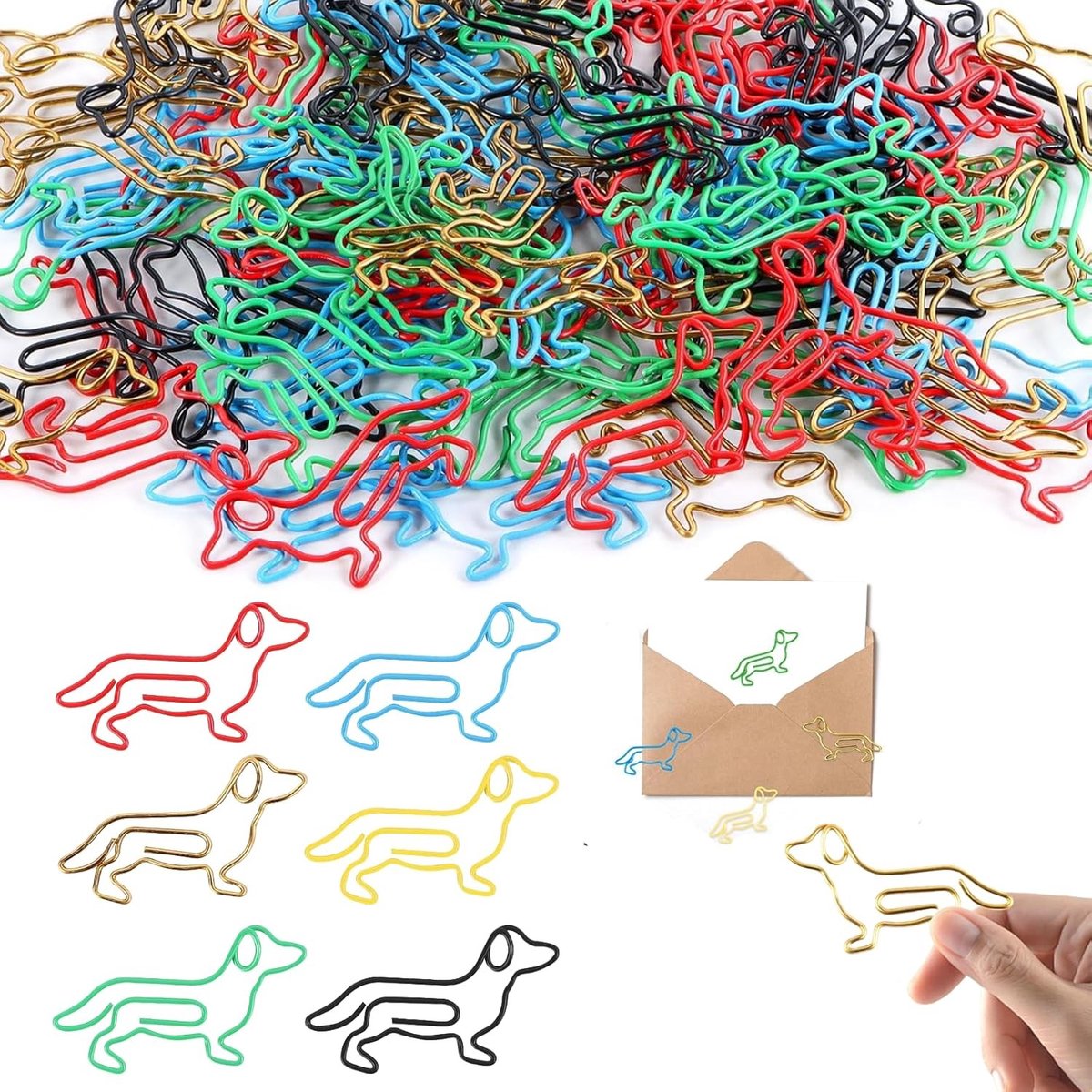 Kleurige paperclips met Dackelmotief, 100 stuks, perfect voor kantoor en creatief gebruik