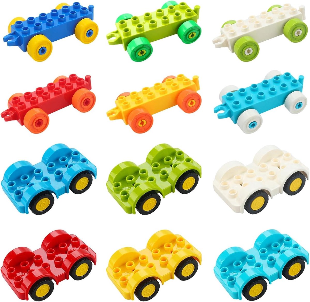 Bouwset met 12 Stukken voor Voertuigen, Inclusief 6 Auto's en 6 Trailers, Creatief Speelgoed voor Kinderen, Perfect voor Feestjes en Cadeaus