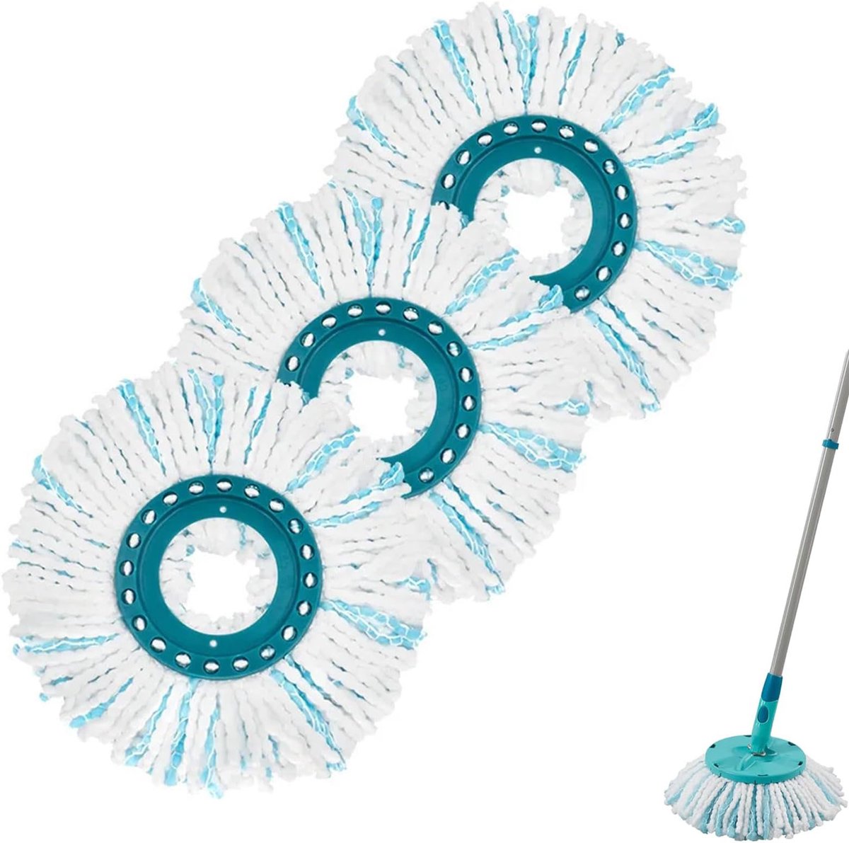 3 stuks Vervangende dweilkop - Leifheit Spin Mop Vervangende dweilkop - Microvezelmateriaal - Geschikt voor alle vloeren - Blauw en wit