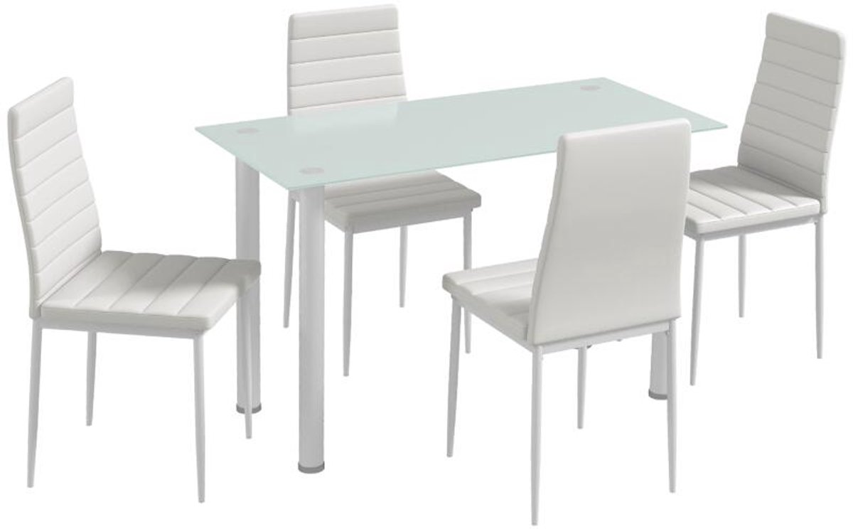 Eettafel Set 5-delig Wit 4 Stoelen Kunstleder Stalen Frame Gehard Glas 120x60cm Geschikt voor Kleine Ruimtes