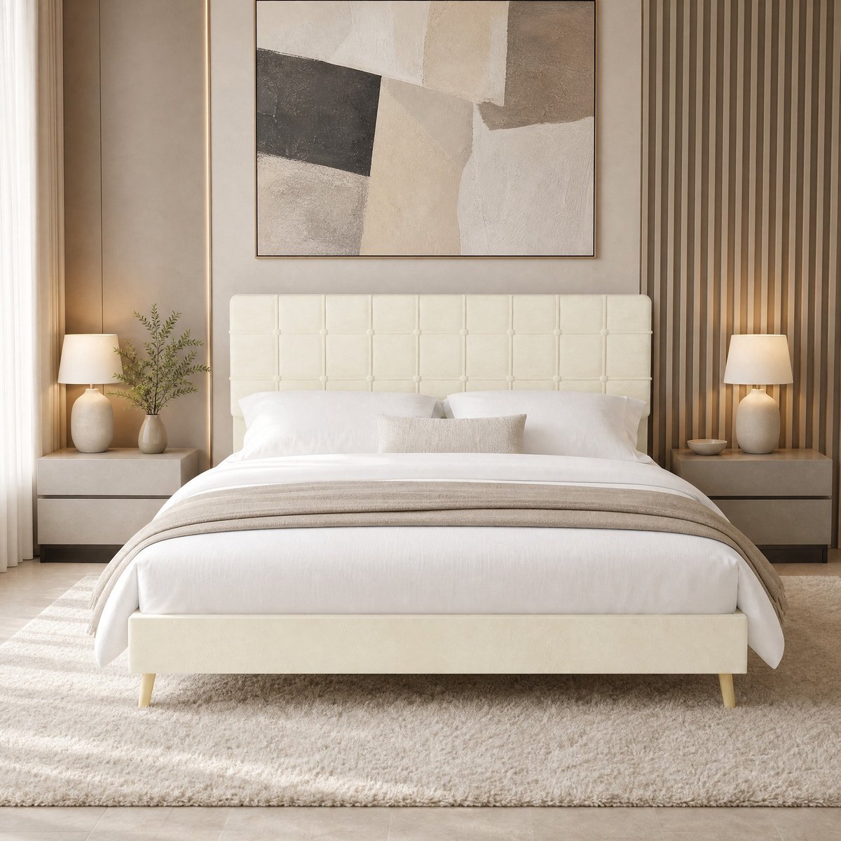 Wishdor Bedframe 160x200 cm - Geleverd zonder matras - Gestoffeerd hoofdbord met ruitstiksel - Moderne tweepersoonsbed - Beige - Houten poten - Lattenbodem