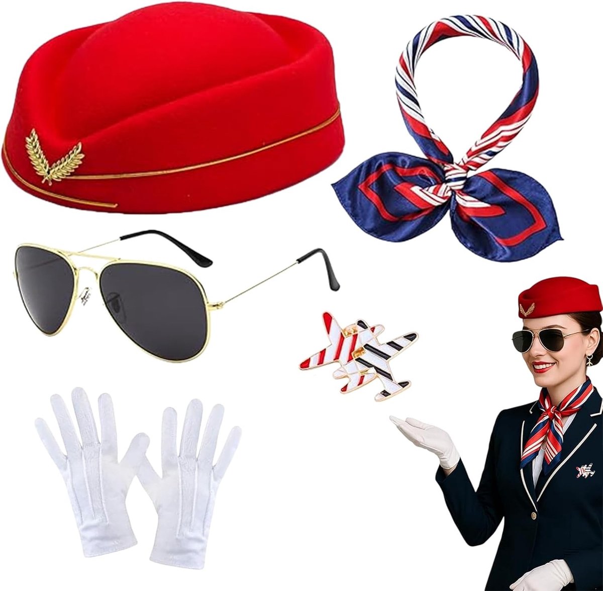 Professioneel stewardesskostuum voor dames, 4-delige set met hoed, handschoenen en broche, ideaal voor Halloween, cosplay en themafeesten