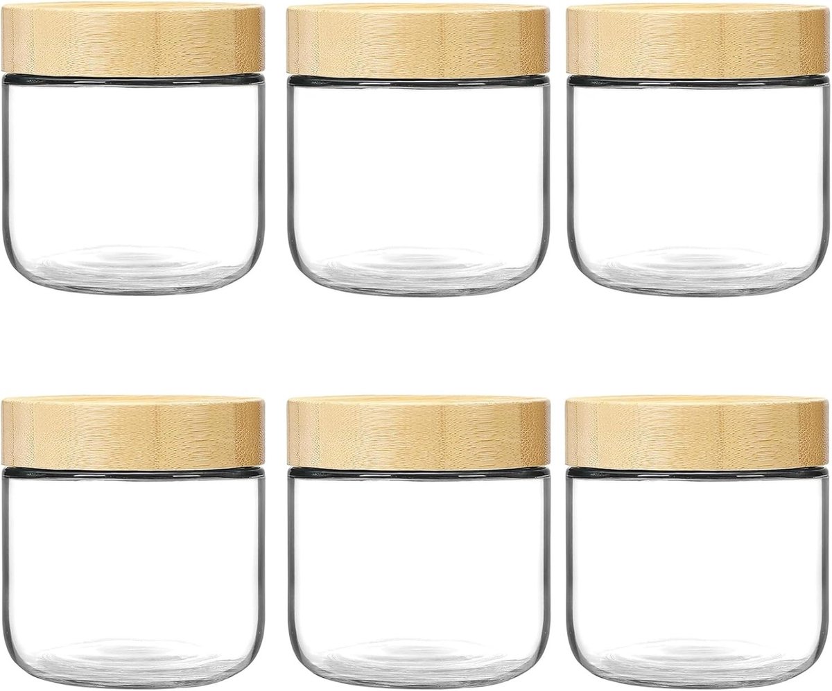 Set van 6 Glazen Potten met Bamboedeksel voor Overnight Oats, Maaltijdprep, Jam en Meer - 300ml Canning Jars voor Salades, Chutney en Yoghurt