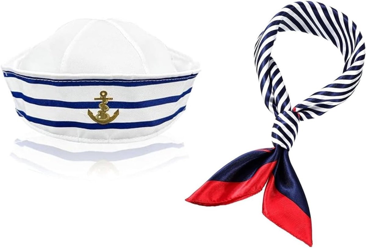 Sailor Kostuum Set met Hoed en Sjaal - Blauw en Wit Gestreept Maritiem Outfit voor Feestjes en Verkleedpartijen