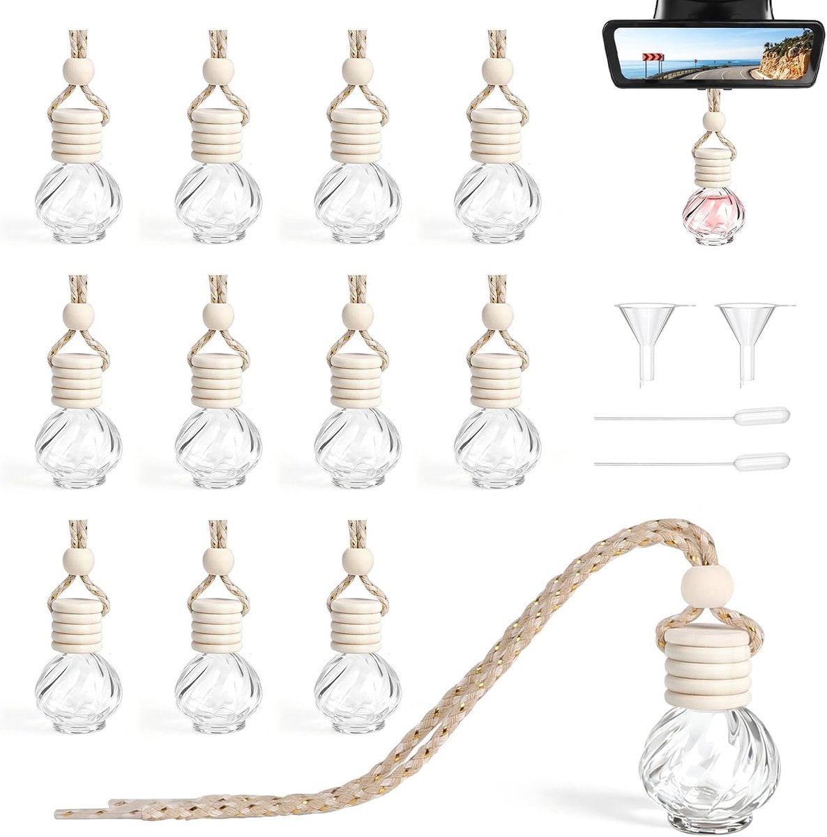 Set van 12 Lege Auto Parfumflessen 10ml - Navulbare Luchtverfrisser voor Auto, Essentiële Olie Diffuser en Geurverspreider voor Thuis en Kantoor