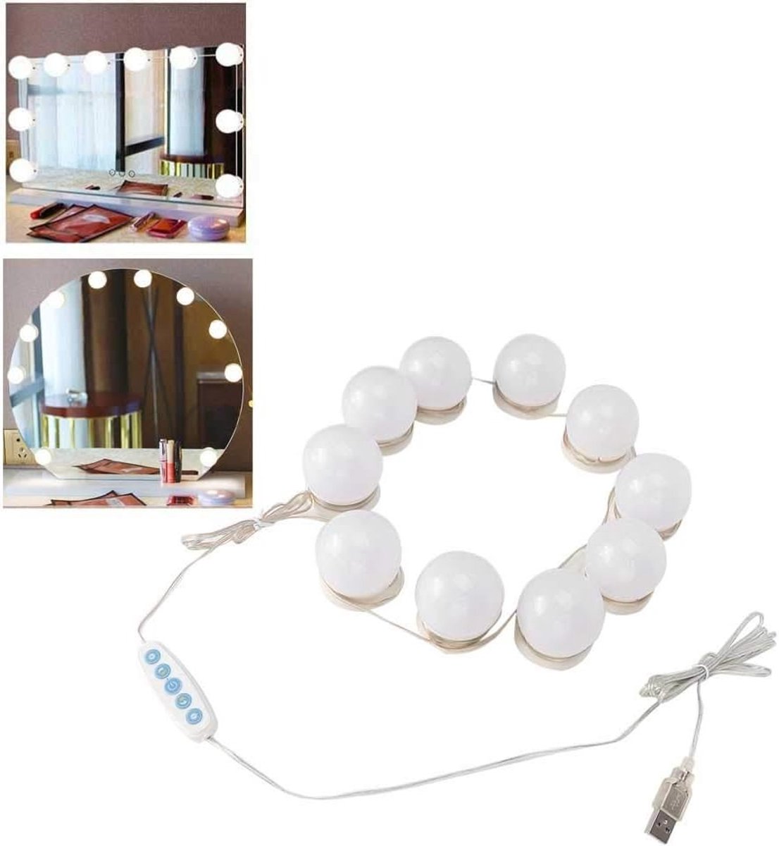 Hollywood Stijl LED Spiegelverlichting Set van 10 Stuks, USB Aansluiting, 5 Kleuren Temperatuur voor Make-up en Sfeervolle Verlichting van Tafels en Spiegels
