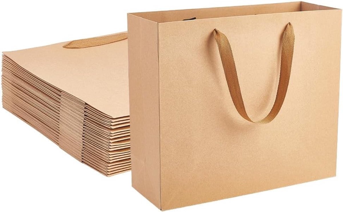 Grote bruine papieren geschenkzakken met handgrepen, 32 x 11,5 x 28 cm, ideaal voor winkelen, feesten en cadeauverpakkingen