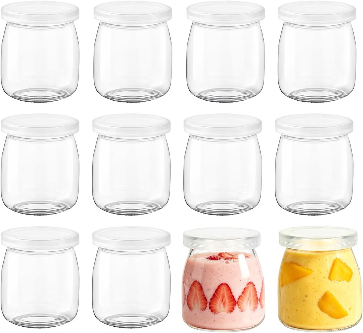 Transparante Yogurt Jars 200 ml - 12 Stuks Herbruikbare Glazen voor Pudding, Desserts en Jam, Vaatwasserbestendig met Deksel