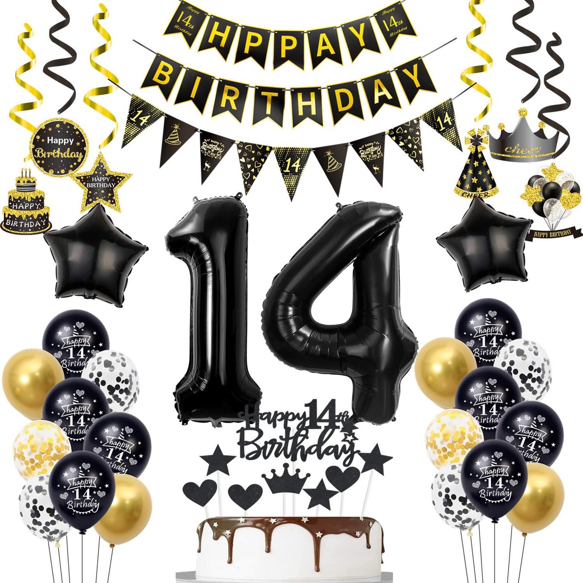 Verjaardagsdecoratie voor jongens - ballon 14 jaar - zwart-goud - feestelijke sfeer - ShopVlot