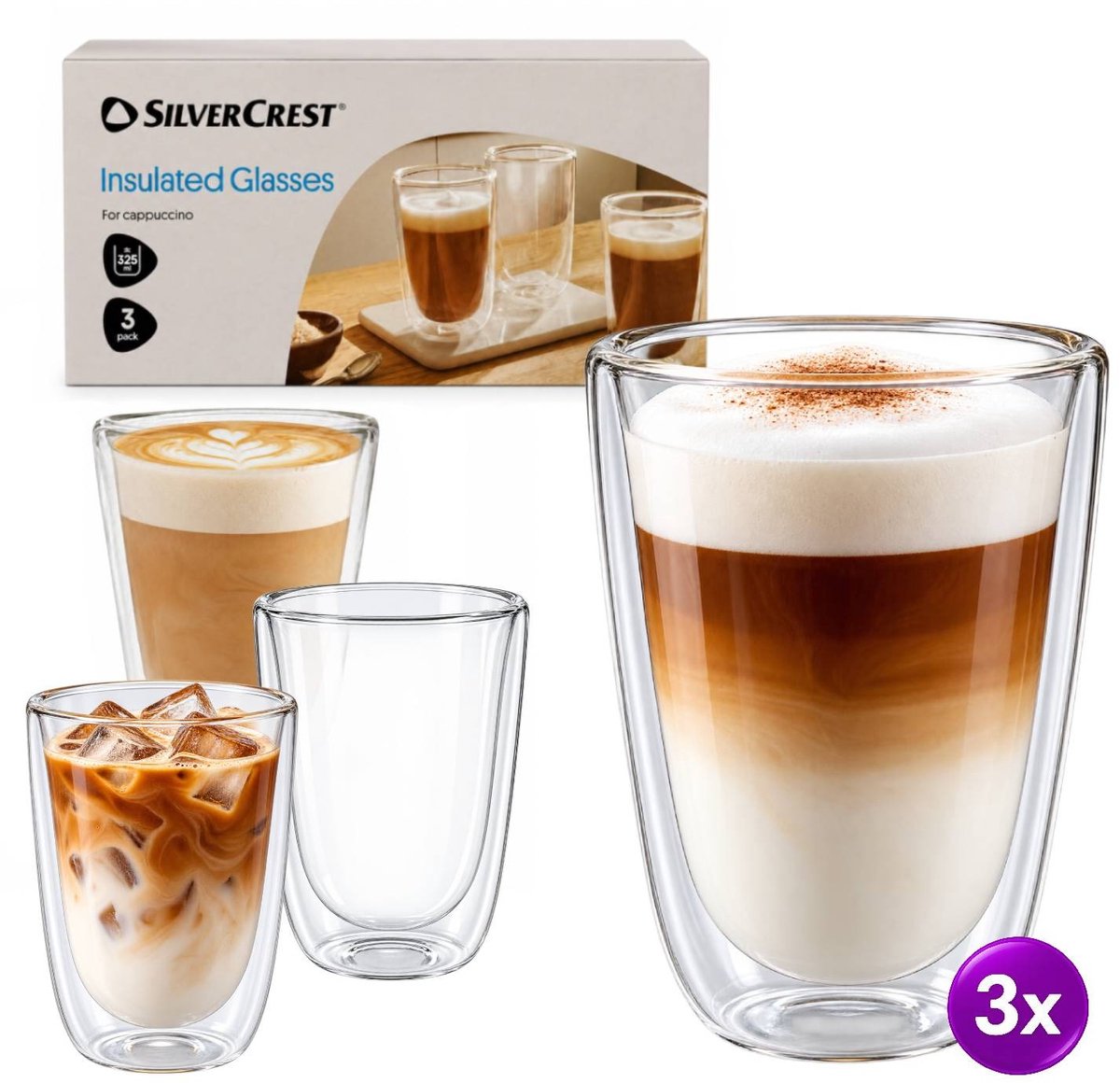 Dubbelwandige Cappucino Glazen 3 stuks - Luxe Cappuccinoglazen Dubbelwandig - Thermoglazen 325 ml - Lichtgewicht Borosilicaatglas - Warm- en Koudhoudend - Dubbelwandige Glazen voor Lungo & Cappuccino - Koffie & Thee kopjes - Glass Set - SilverCrest