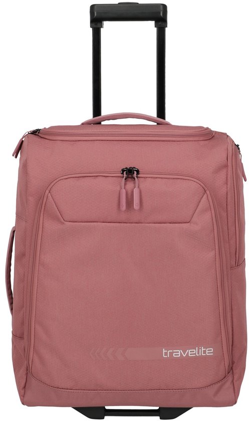 Roze reistas met wielen en trolleyhandvat van Travelite. De tas heeft een voorvak met rits en het Travelite logo op de voorkant.