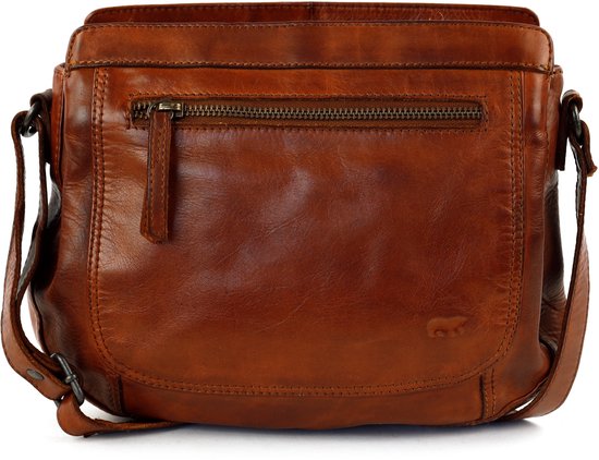 Cognac leren crossbodytas van Bear Design met ritsvak aan de voorzijde en een opgestikte beer.