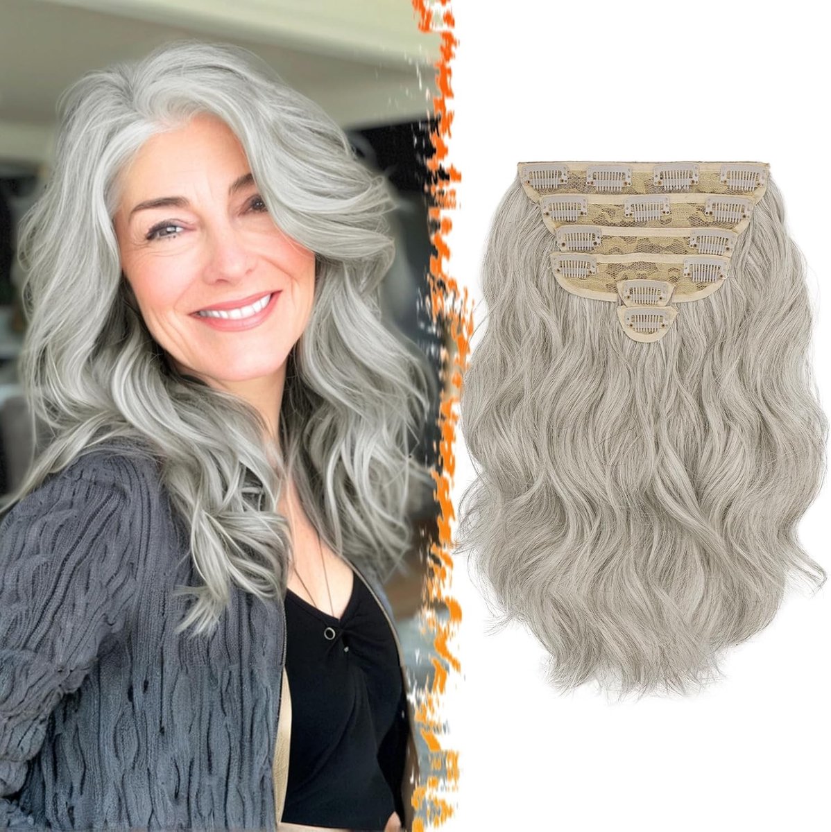 Klip-in Haarextensions van 30 cm, Dikke Golfvormige Haarstukken, 6 Stuks Volledige Set Synthetische Haarextensions voor Vrouwen - Zilvergrijs