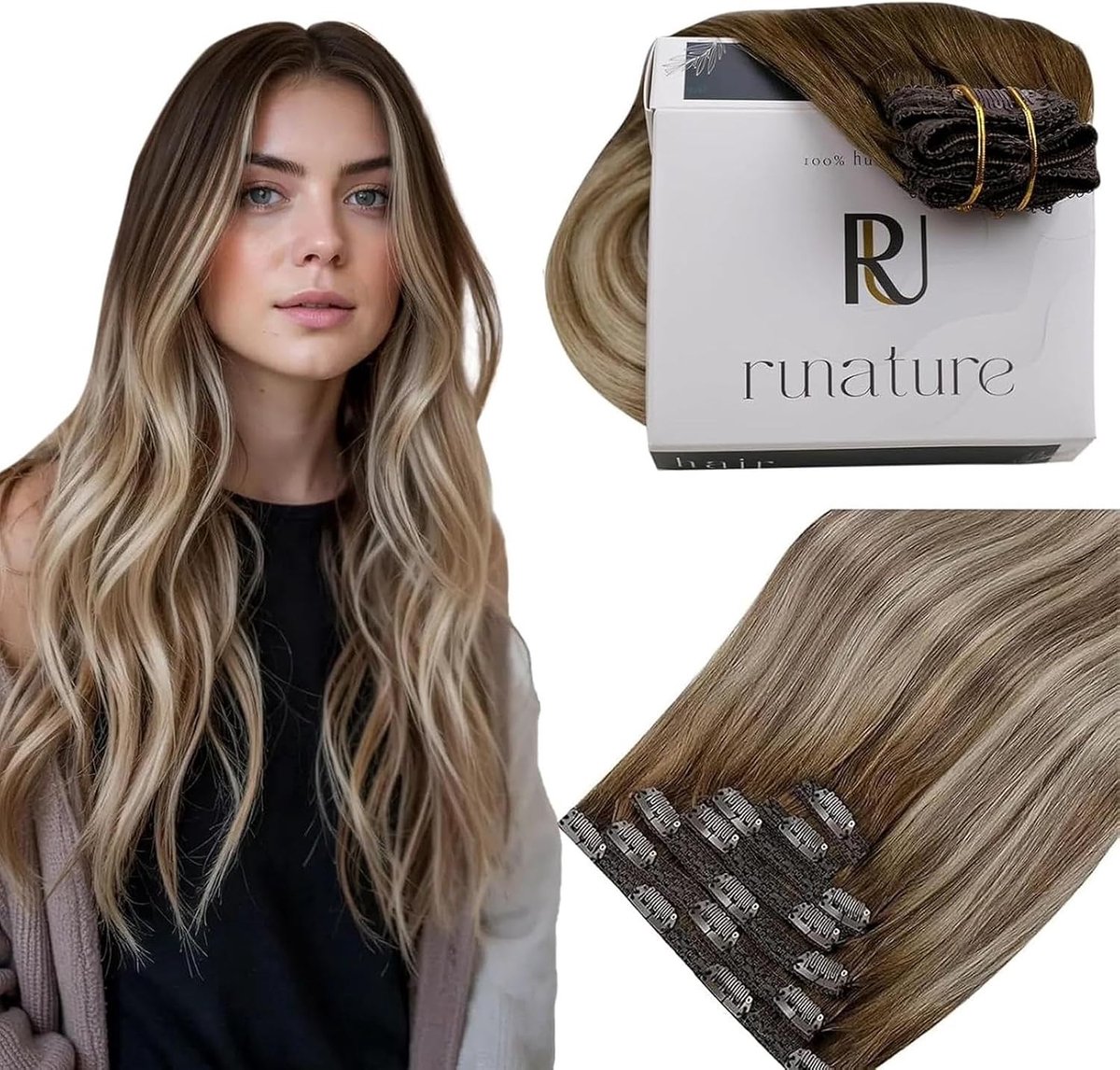 Clip-in Haarextensions van Menselijk Haar in Balayage Bruin Blond #3/8/22 voor Volumineus Haar en Natuurlijke Look