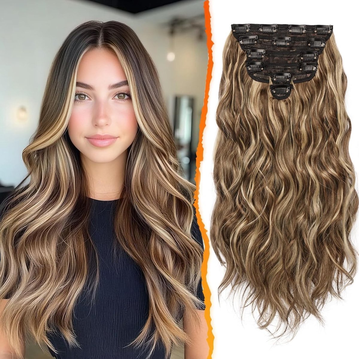 Clip-in Haarextensions van 50 cm, Golvend en Dikker, Natuurlijke Synthetische Haarstukken voor Vrouwen in Medium Bruin en Blond