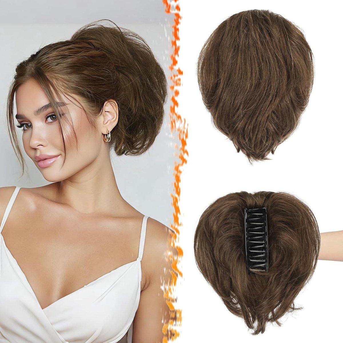 Korte Echt Haar Ponytail Extension met Buigbare Metaal, 20cm Klem Klip Bruin Messy Bun Haarstuk voor Vrouwen, Perfect voor Dagelijks Gebruik en Feestjes