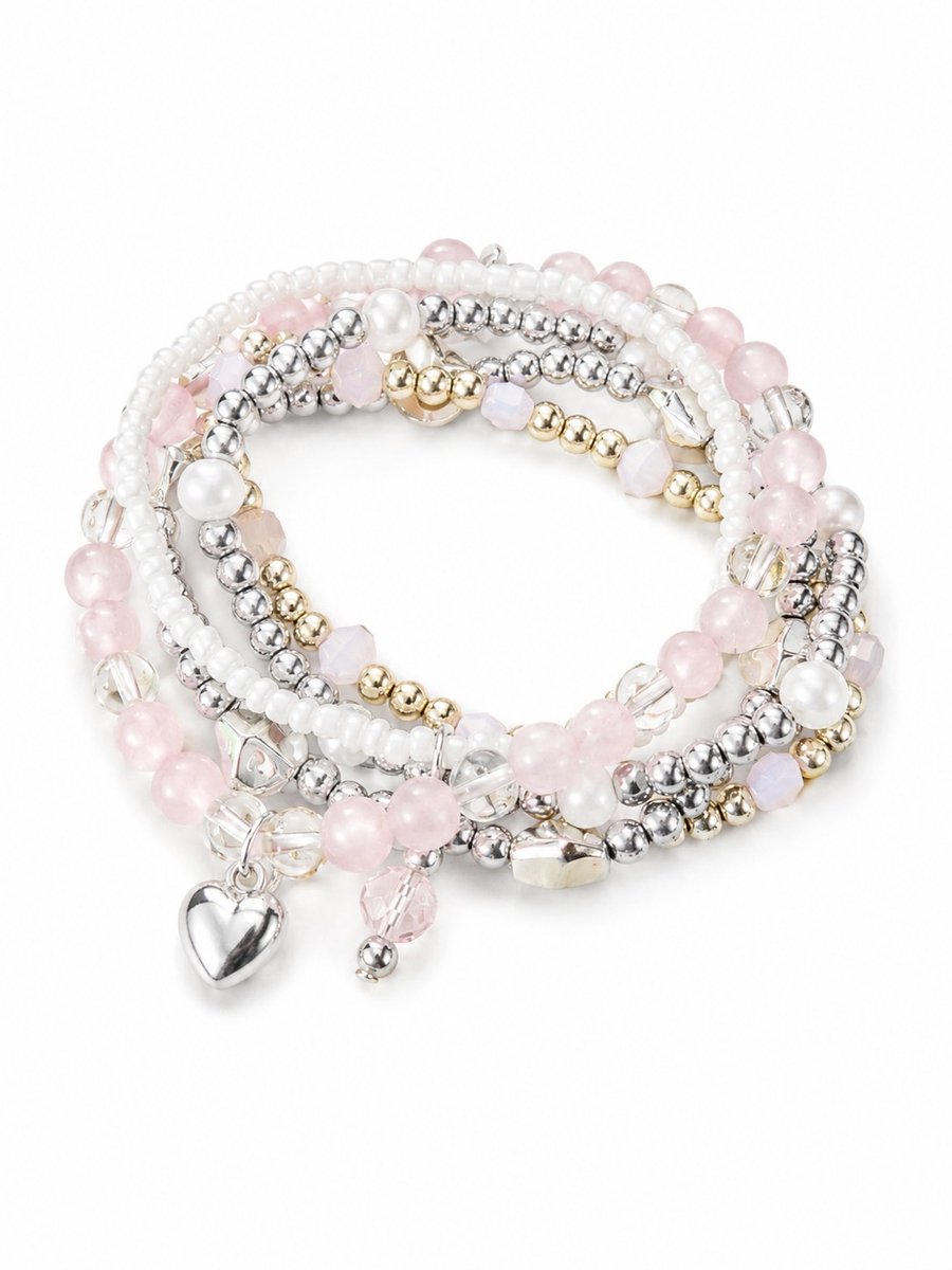 Armbandenset Meisje- Set kralenarmbanden - Kralenarmband Hartje Ibiza- Roze Kralen- Zilver- Meisje- LiLaLove- Cadeau Meisje