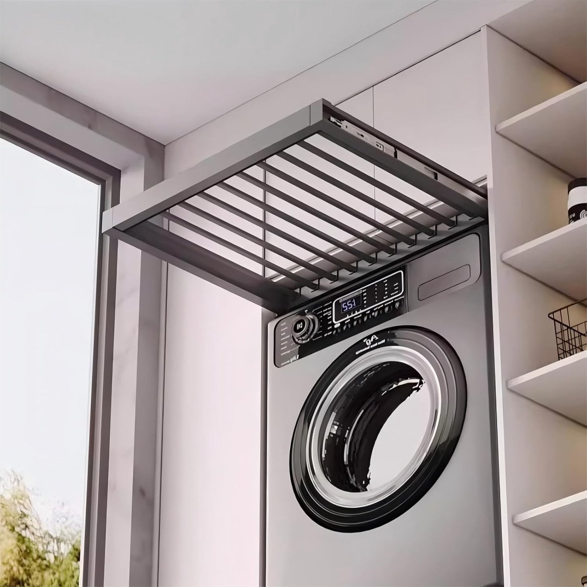 Verstevig je ruimte met een verborgen uittrekbare broekhouder, ruimtebesparend boven de wasmachine, aluminium wanddroogstang, zachte sluitingen, diepte 440 mm, breedte 560-610 mm, grijs en ideaal voor kleine ruimtes.