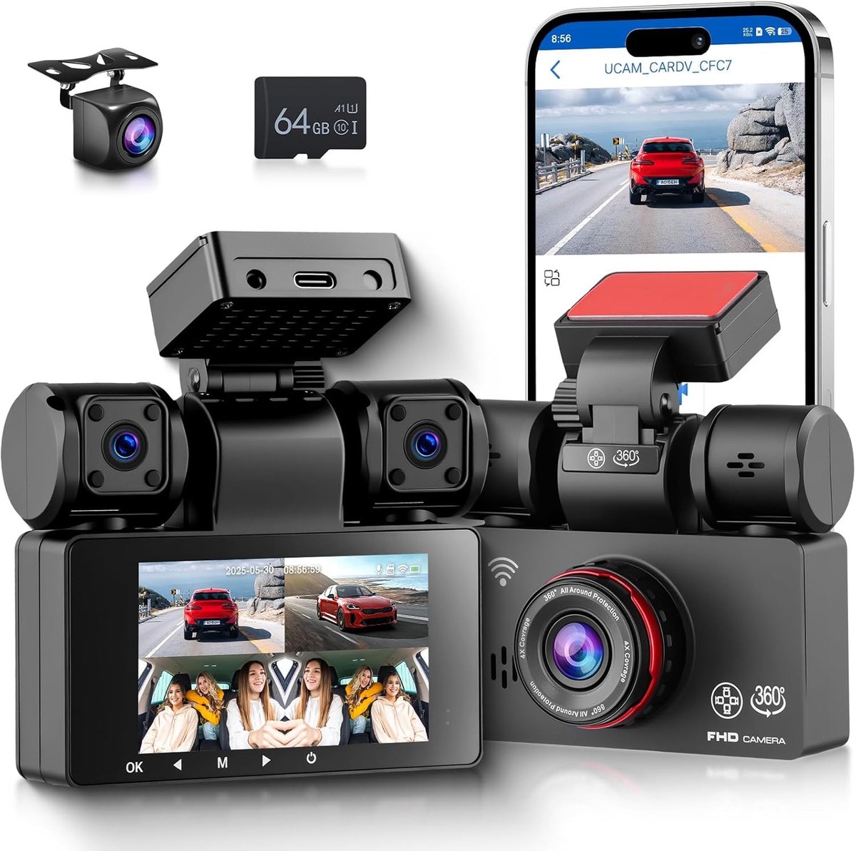 Dashcam - Zwart - 10 x 10 x 10 cm - 360° Camera met 2K + 1080P Resolutie - Voor Auto's