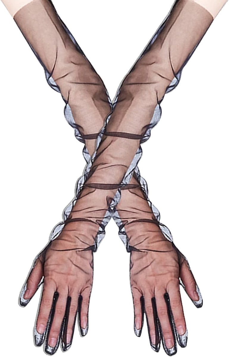 Elegante Zwarte Tulle Handschoenen voor Dames, Volledige Vingerlengte voor Bruiloften, Gala's en Speciale Gelegenheden, One Size