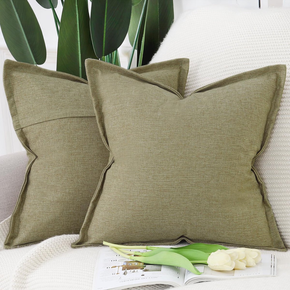 Kussenslopen 60x60 cm - Imitatielinnen - Mosgroen - Zachte decoratie voor sofa en slaapkamer - ShopVlot